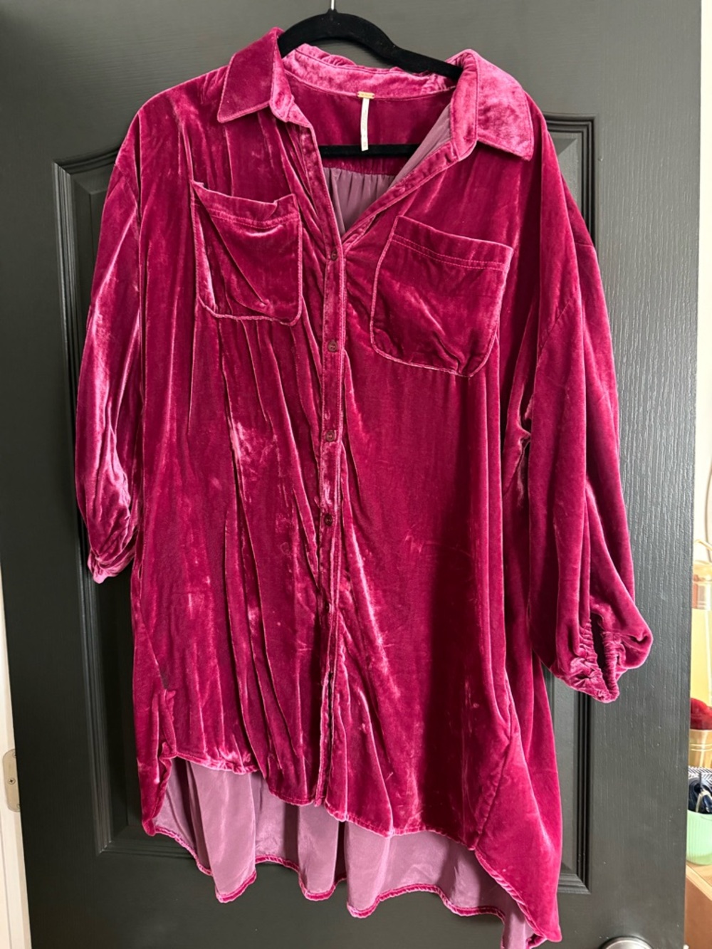 Free People Velvet Button-Up Tunic Shirt - Fuchsia Berry